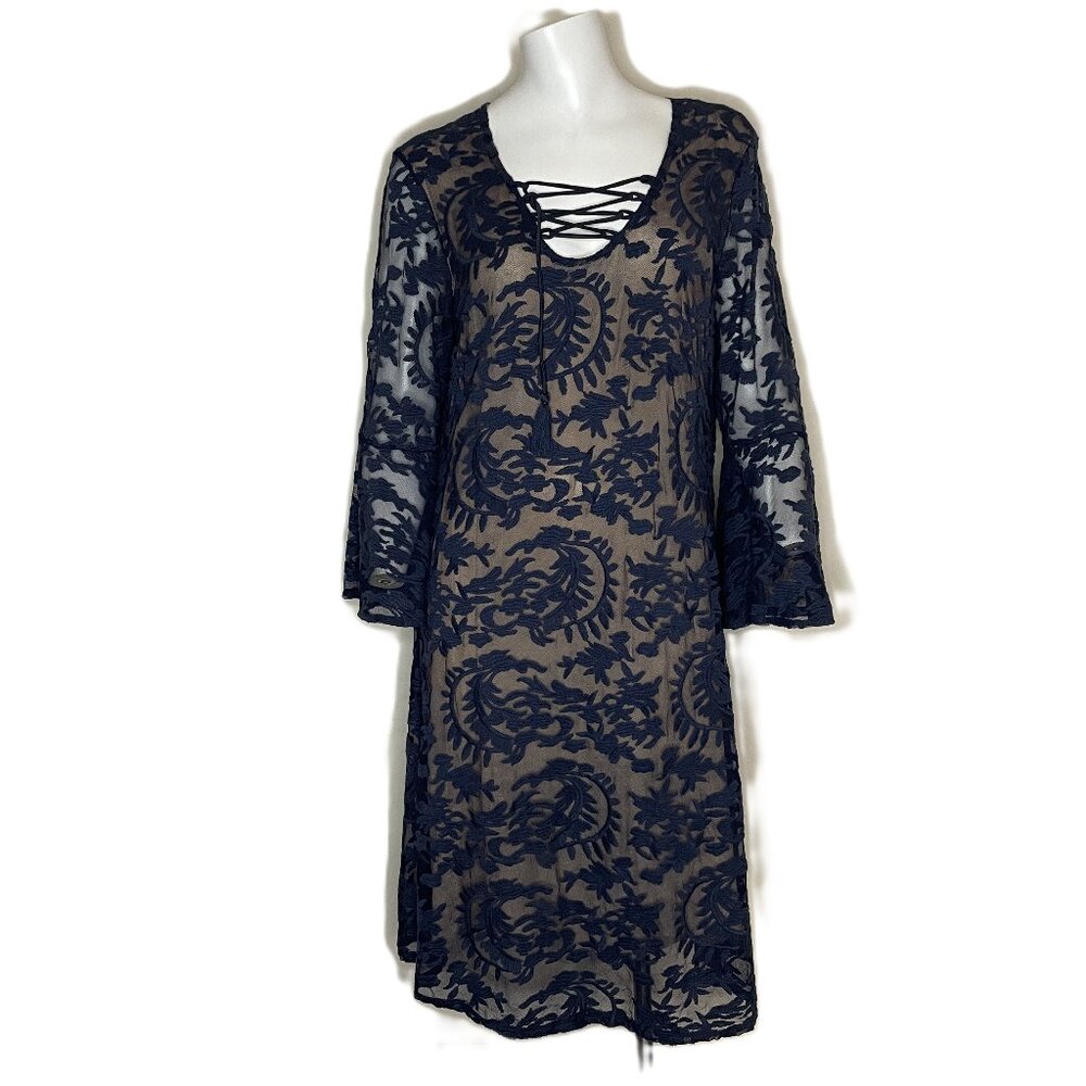 John Mark Dress Med Navy Blue Embroidered Sheer Lace Overlay Bell Sleeve Lined